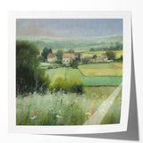 Vibrant landscape wall art print showcasing a serene countryside scene with rolling hills and a clear blue sky, presented in a glossy finish for added depth and color.