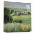 Acrylic glass wall art showcasing a serene countryside landscape, mounted with pins for display. The vivid colors and detailed imagery create a tranquil ambiance, perfect for enhancing home decor.