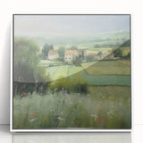 Framed landscape wall art depicting a serene countryside scene with vibrant colors, displayed in a sleek white frame, perfect for home decor enhancement.