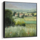 Framed landscape wall art depicting a serene countryside scene with lush greenery and rolling hills, featuring a black frame, perfect for home decor.
