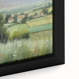 Framed canvas wall art depicting a serene countryside landscape with rolling hills and vibrant green fields, showcasing nature's beauty in a close-up view. Ideal for home decor enthusiasts looking to enhance their space with tranquil scenery.