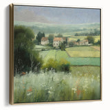 Framed canvas wall art depicting a serene countryside landscape in muted gold and silver tones, perfect for enhancing home decor with a nature-inspired aesthetic.