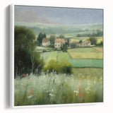 Framed canvas wall art showcasing a serene countryside landscape with rolling hills, vibrant greenery, and a clear blue sky, adding elegance to home decor.