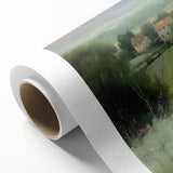 Rolled canvas artwork depicting a serene countryside landscape with vibrant green fields and a soft blue sky, perfect for home decor and wall art enthusiasts.