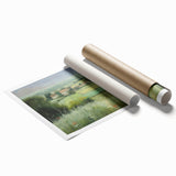 Landscape wall art print showcasing a serene countryside scene with rolling green hills and a vibrant sunset, rolled and ready for display in a protective tube.