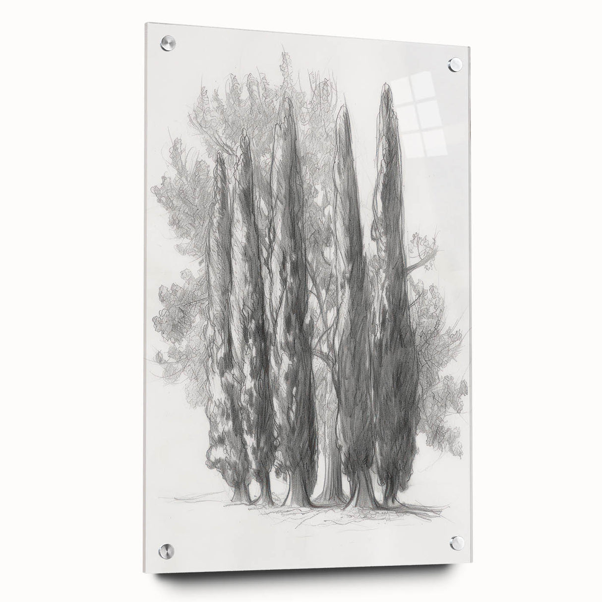 Acrylic landscape art piece displayed in a glass frame, showcasing vibrant colors and intricate details, complemented by decorative pins, ideal for modern decor.