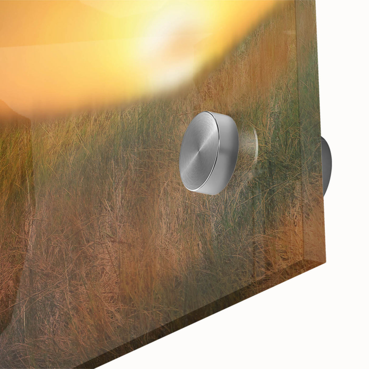 Close-up of a vibrant countryside landscape design printed on acrylic glass, showcasing rich colors and intricate details, ideal for home decor.