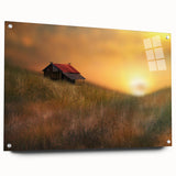 Acrylic landscape artwork depicting a serene countryside scene, viewed from the side with decorative pins, showcasing vibrant colors and fine details, ideal for home decor.