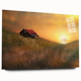 Acrylic landscape artwork showcasing a vibrant countryside scene, displayed in a sleek glass frame from a side view, highlighting its modern design and color depth.