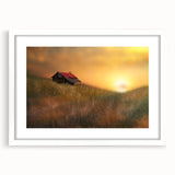 Framed landscape artwork depicting a serene countryside scene with vibrant greens and soft blues, featuring a white mat and elegant frame, ideal for home decor.