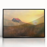 Framed acrylic print showcasing a serene countryside landscape with vibrant greens and soft blues, set in a sleek black frame, ideal for home decor.