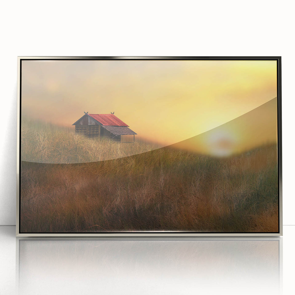 Framed acrylic print showcasing a serene countryside landscape with vibrant greens and blues, ideal for home decor or office ambiance, adding a touch of nature.