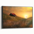 Framed canvas artwork showcasing a serene countryside landscape with vibrant greens, rolling hills, and a peaceful sky, presented in a sleek black frame.