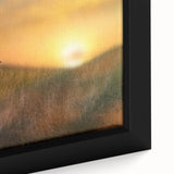 Close-up of a framed canvas showcasing a serene countryside landscape, featuring vibrant green fields, rolling hills, and a clear blue sky, perfect for home decor.