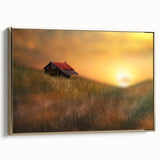 Framed canvas artwork depicting a serene countryside landscape, featuring vibrant greens and soft blues, elegantly bordered with a gold frame, ideal for home decor.
