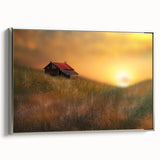 Framed canvas art showcasing a serene countryside landscape with vibrant greenery and a clear blue sky, elegantly displayed with a silver frame from a side view.