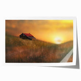 Rolled print showcasing a vibrant countryside landscape with lush green fields and a serene sky, elegantly packaged in a protective cardboard tube for safekeeping.