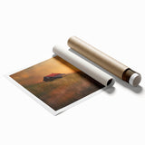 Rolled canvas print showcasing a serene countryside landscape design, featuring rolling hills, lush greenery, and a vibrant sunset, packaged in a protective cardboard tube. Perfect for home decor enthusiasts seeking a touch of nature-inspired art.