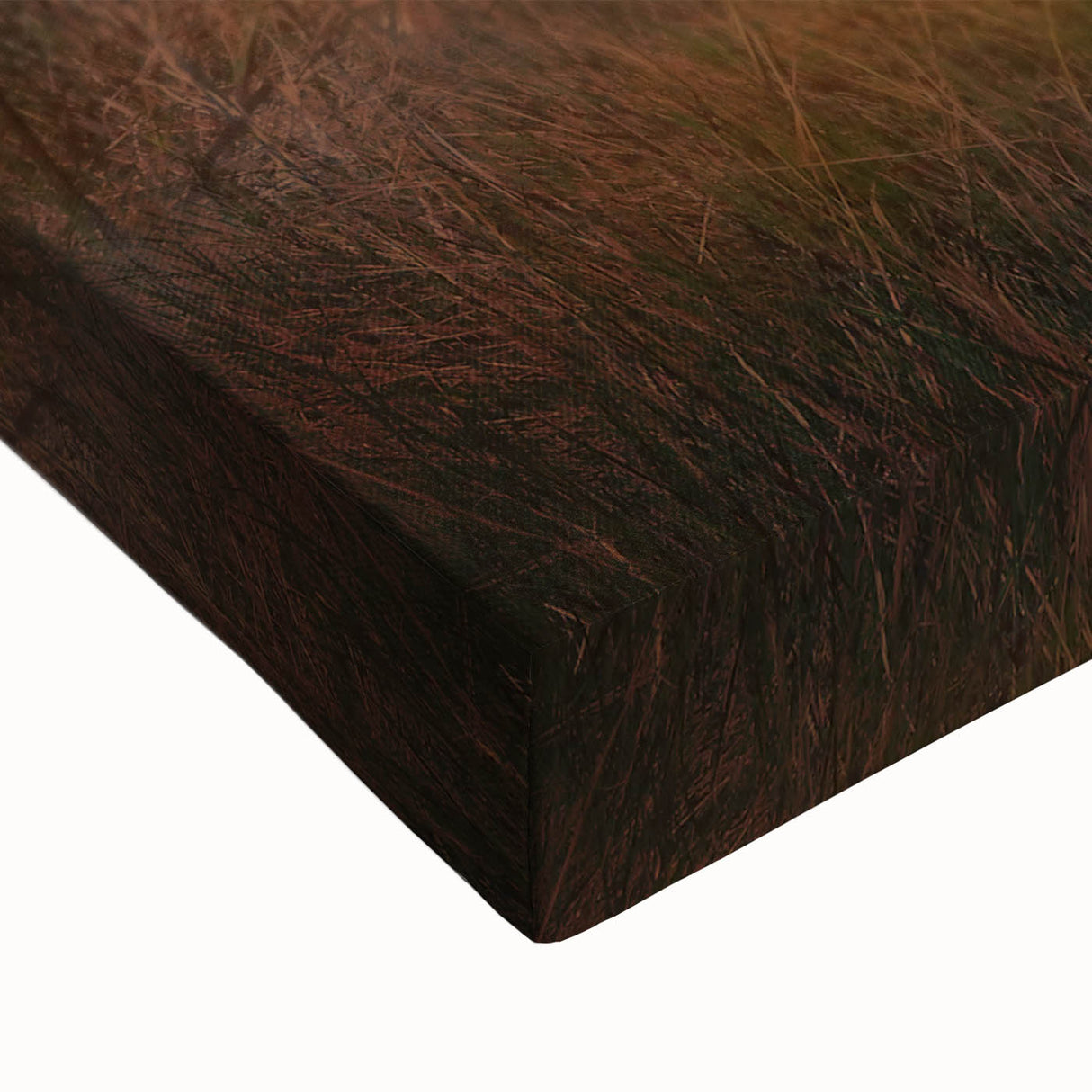 Close-up of a stretched canvas artwork depicting a vibrant countryside landscape, showcasing rich greens and blues, ideal for home decor or art enthusiasts.