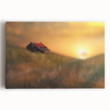 Stretched canvas artwork depicting a serene countryside landscape, featuring vibrant green fields and a clear blue sky, ideal for home decor and nature enthusiasts.