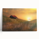 Stretched canvas artwork depicting a serene countryside landscape with rolling hills and vibrant greenery, elegantly leaning against a neutral wall, ideal for home decor.