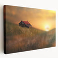 Stretched canvas artwork depicting a serene countryside landscape with rolling hills and vibrant greenery, showcasing natural beauty in a side view.