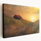 Stretched canvas artwork depicting a serene countryside landscape with rolling hills and vibrant greenery, showcasing natural beauty in a side view.