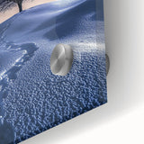 Close-up of a vibrant acrylic desert landscape design on glass, showcasing rich colors like sandy beige and deep blue, perfect for modern home decor.