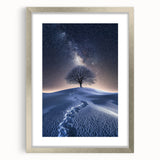 Silver-framed landscape artwork depicting a serene desert scene, complete with a stylish mat, designed to enhance modern home decor. Ideal for wall displays.