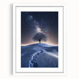 Desert landscape framed art featuring vibrant hues of orange and blue, showcasing a serene sunset over sand dunes with a white mat and sleek frame. Ideal for home decor.