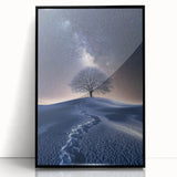 Framed acrylic artwork showcasing a vibrant desert landscape, featuring rich orange and yellow hues with a sleek black frame, perfect for modern home decor.