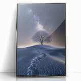 Framed acrylic artwork showcasing a stunning desert landscape in silver tones, designed to enhance modern interiors with its sleek finish and vibrant colors.