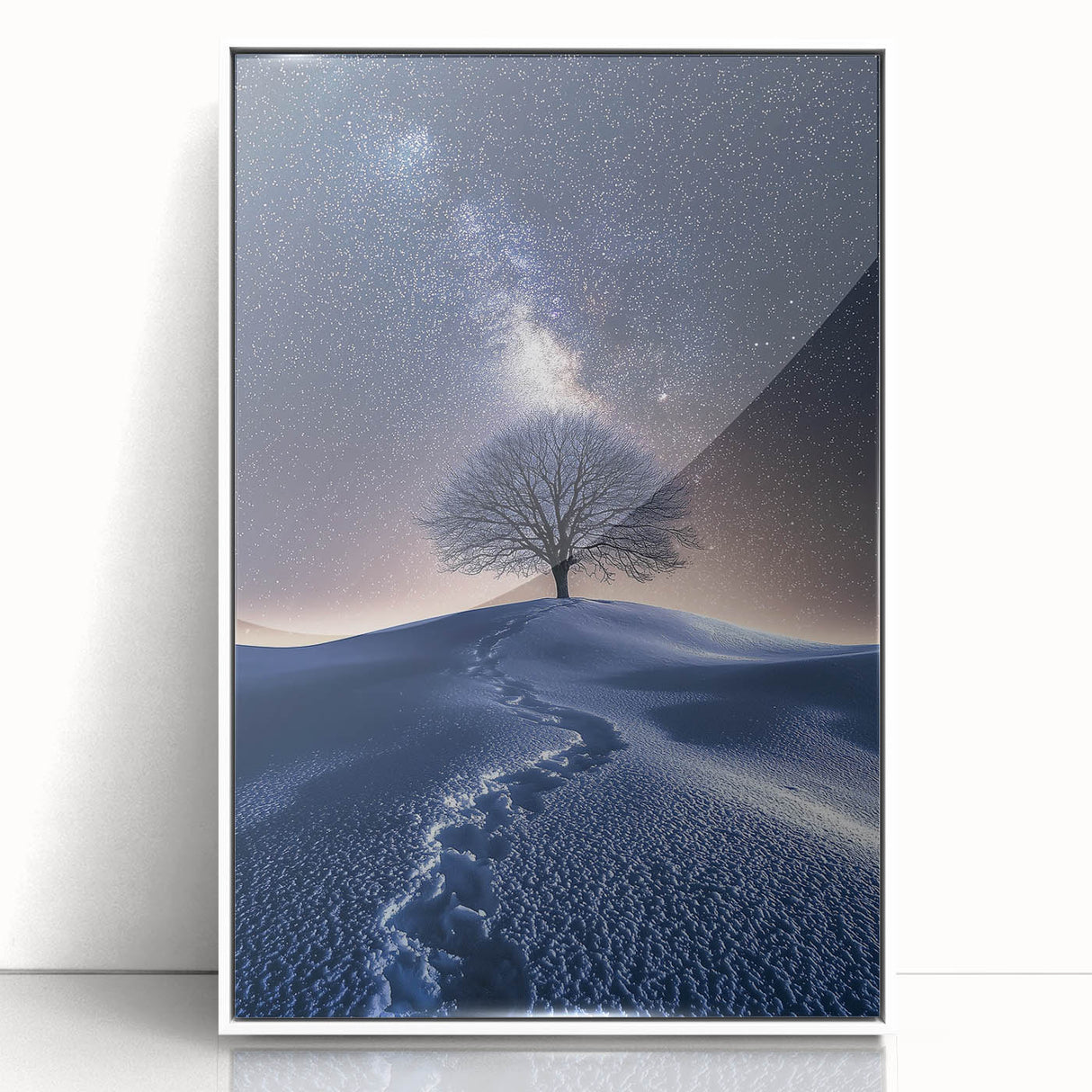 Framed acrylic artwork showcasing a stunning desert landscape with vibrant colors and intricate details, set in a sleek white frame, perfect for modern decor.