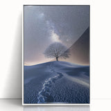 Framed acrylic artwork showcasing a stunning desert landscape with vibrant colors and intricate details, set in a sleek white frame, perfect for modern decor.