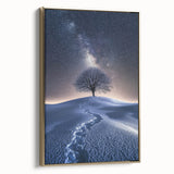 Framed canvas artwork depicting a serene desert landscape with warm gold tones, elegantly showcased in a contemporary frame, perfect for home decor.