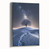 Framed canvas artwork showcasing a stunning desert landscape with vibrant colors and intricate details, highlighted by a sleek silver frame that enhances its elegance.