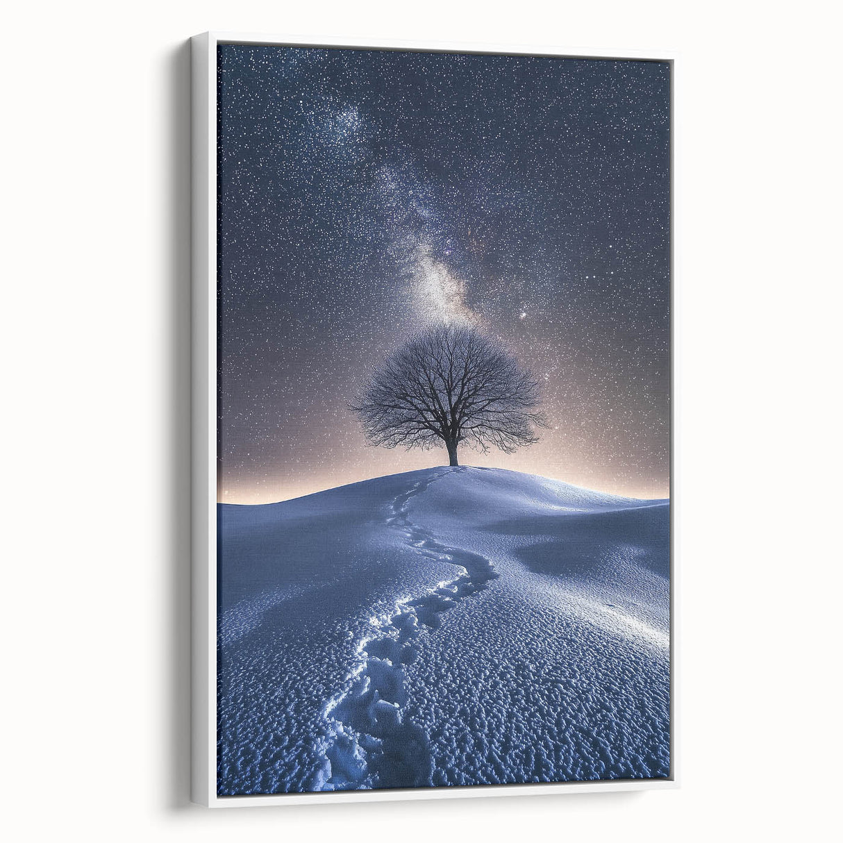 Framed canvas art depicting a vibrant desert landscape, showcasing warm tones of orange and yellow with a white frame, ideal for modern home decor.