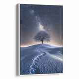 Framed canvas art depicting a vibrant desert landscape, showcasing warm tones of orange and yellow with a white frame, ideal for modern home decor.