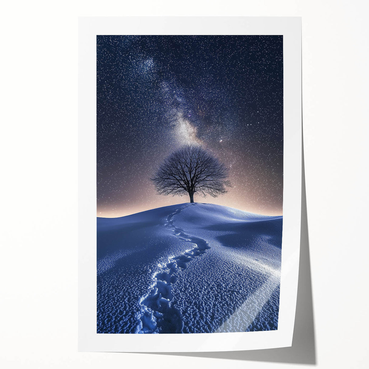 Desert landscape rolled print showcasing vibrant hues of orange and yellow under a clear blue sky, expertly packaged in a protective cardboard tube for easy shipping.