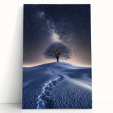 Stretched canvas artwork showcasing a vibrant desert landscape, featuring warm hues of orange and yellow, leaning against a neutral wall for a contemporary display. Perfect for adding a touch of nature-inspired decor to any space.