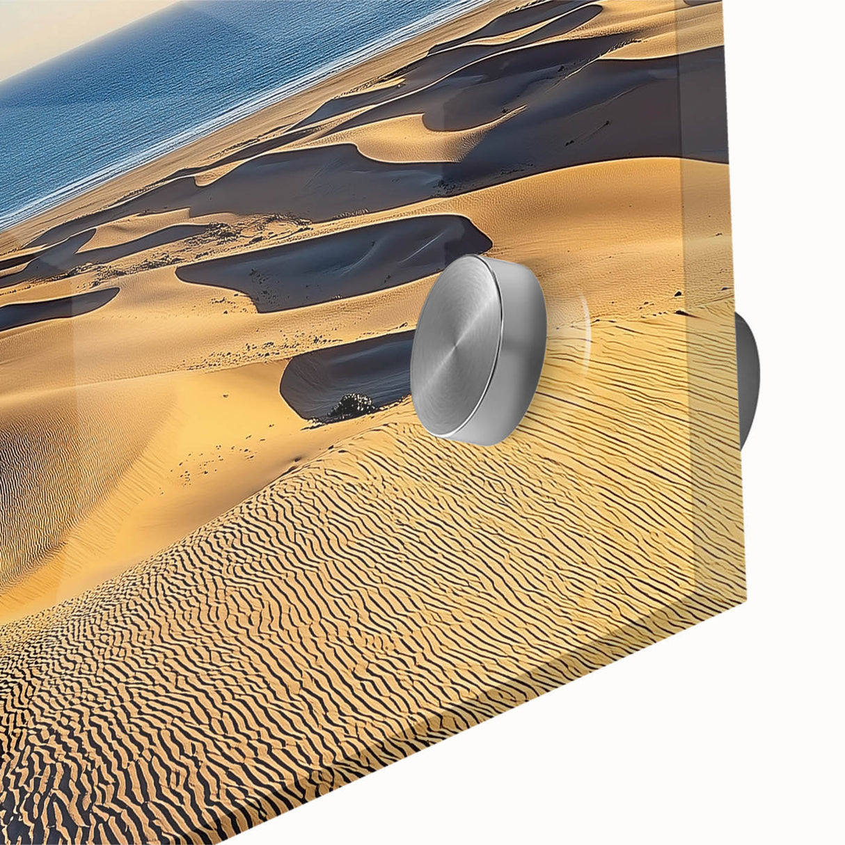 Close-up of a vibrant acrylic glass artwork depicting serene sand dunes, highlighting intricate textures and colors, perfect for modern home decor. Ideal for nature lovers seeking elegant wall accents.