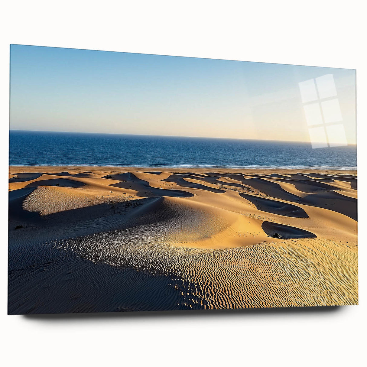Acrylic glass artwork depicting serene sandy dunes landscape, showcasing intricate textures and vibrant colors, ideal for modern home decor and art enthusiasts.