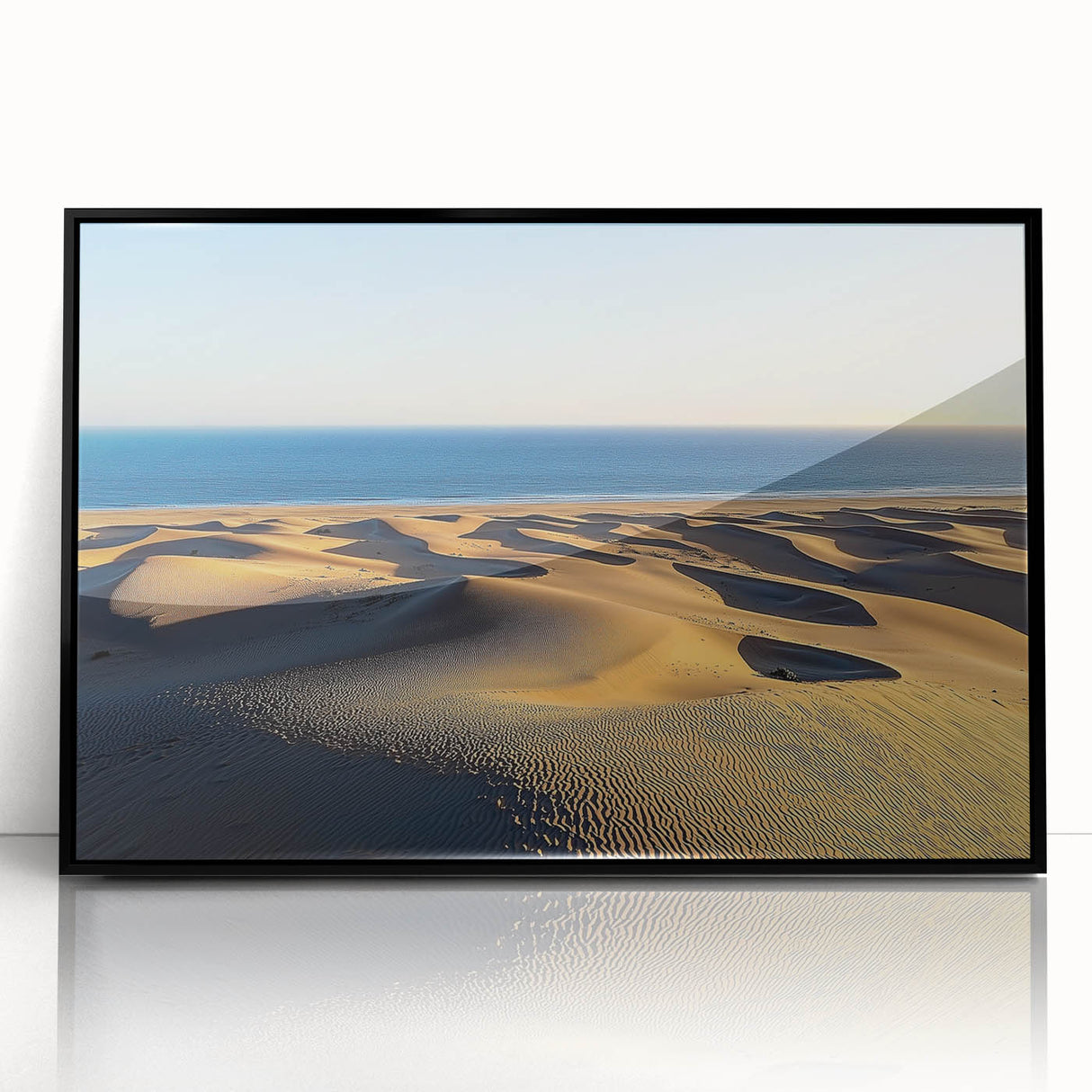 Framed acrylic artwork showcasing a stunning desert dunes landscape in varying shades of brown and beige, elegantly presented with a sleek black frame, ideal for modern home decor.
