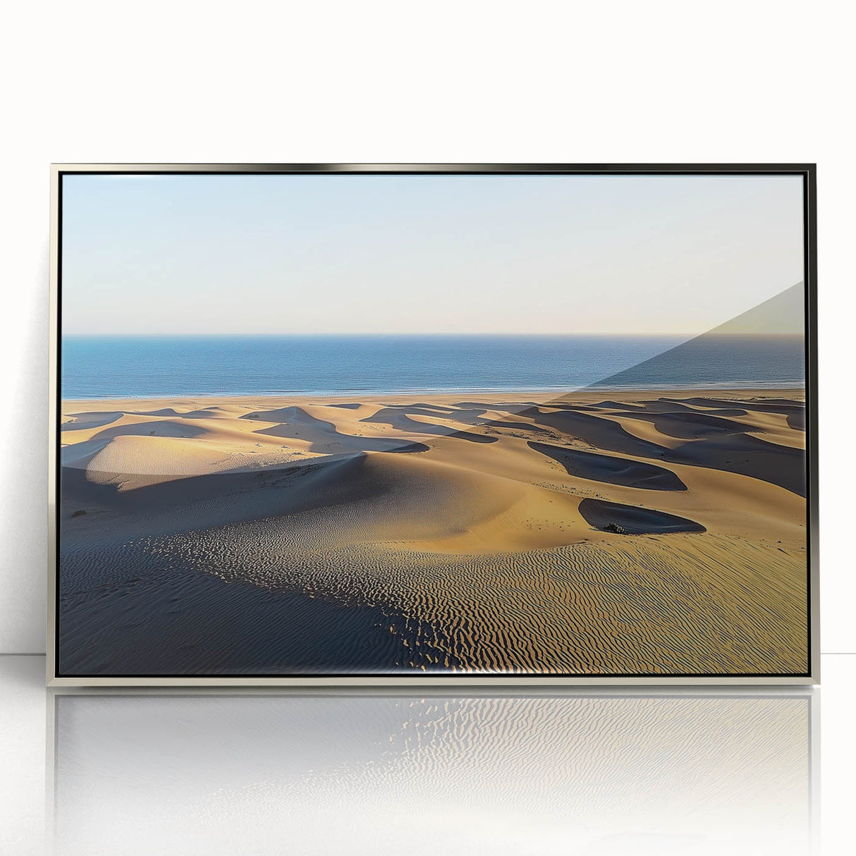 Framed acrylic art piece showcasing serene sand dunes in soft beige and golden hues, perfect for enhancing modern home decor with a nature-inspired aesthetic.