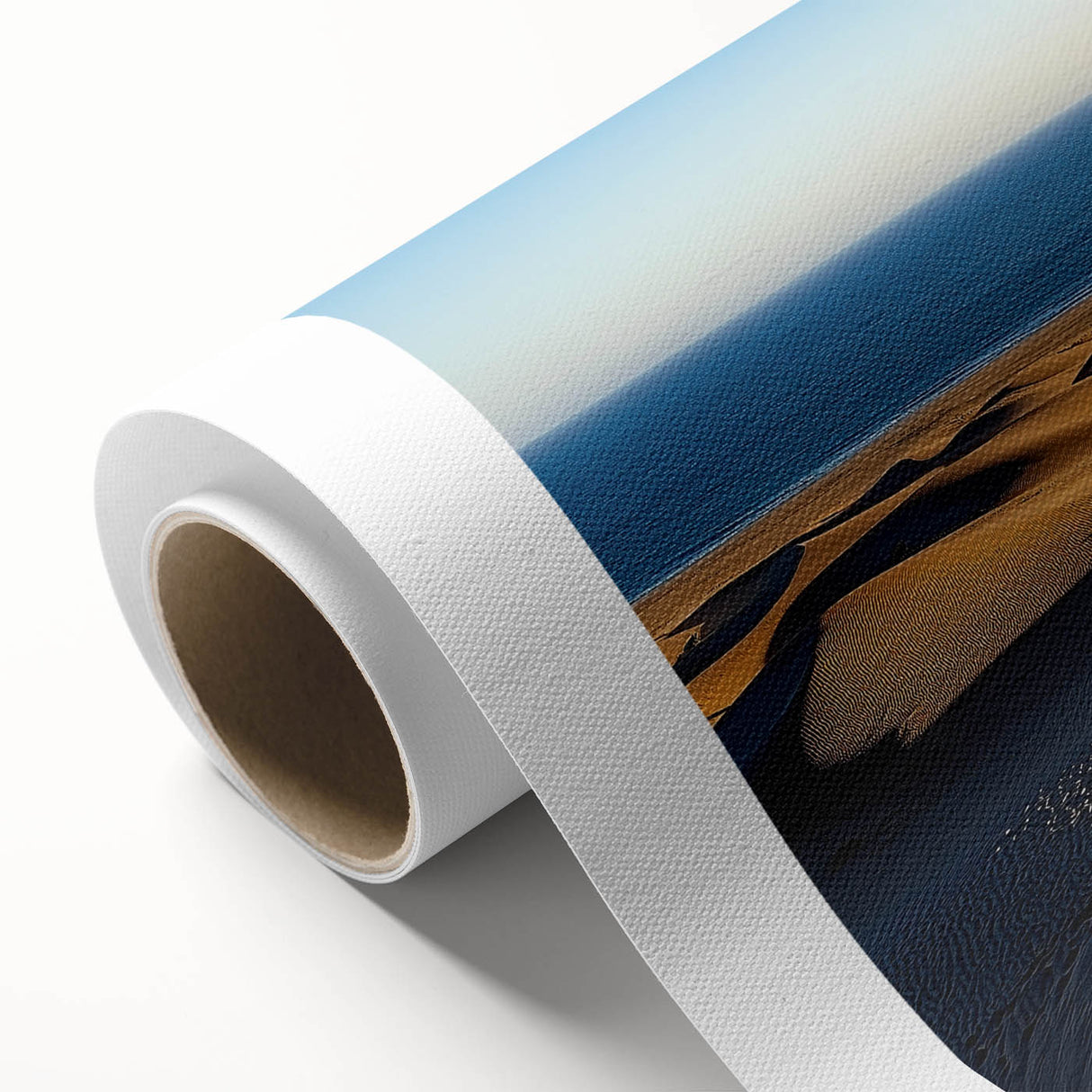 Desert landscape rolled canvas art showcasing vibrant orange and gold dunes under a clear blue sky, perfect for enhancing modern home decor.