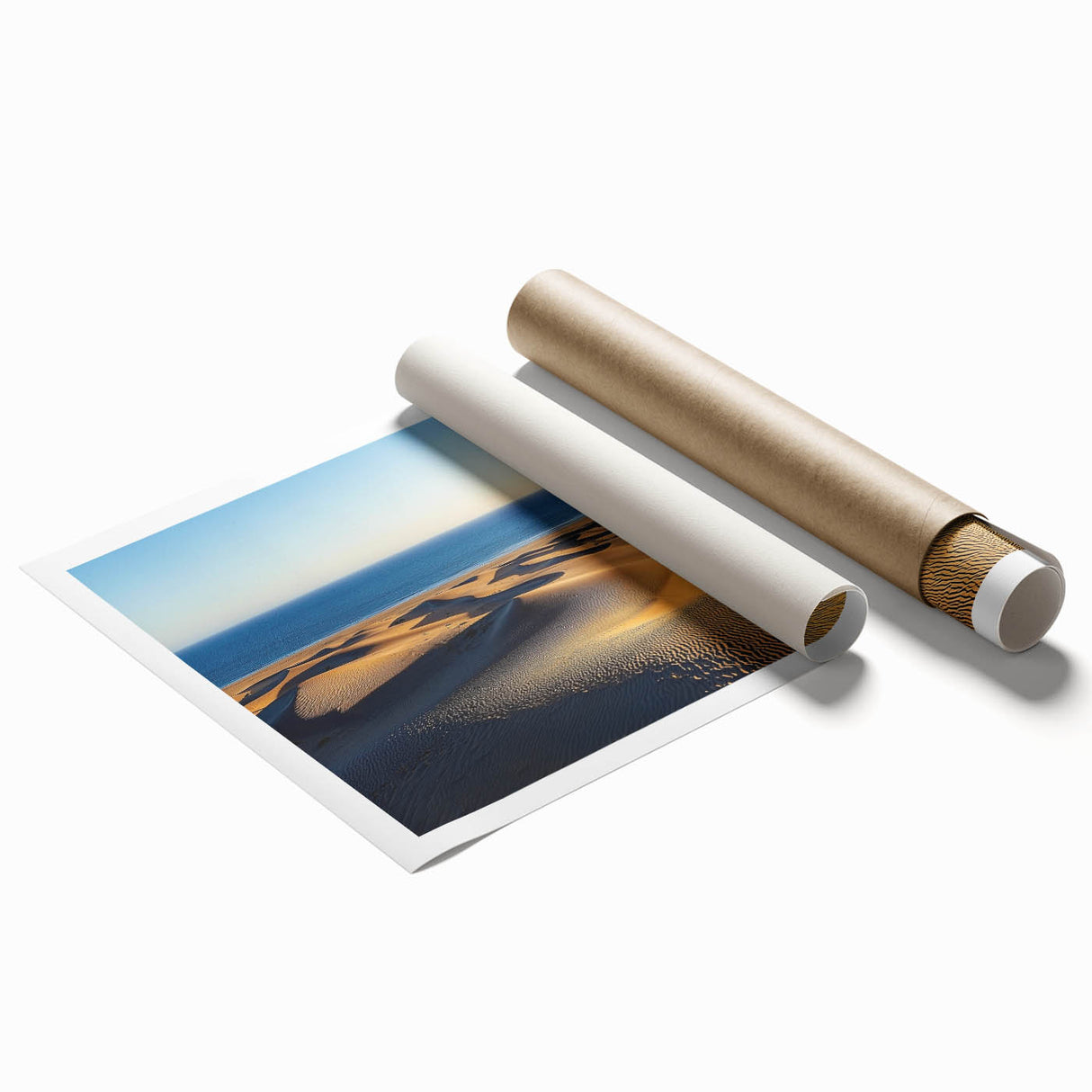 Rolled print showcasing a stunning desert landscape with golden dunes under a vibrant blue sky, elegantly packaged in a protective cardboard tube for easy transport. Perfect for adding a touch of nature-inspired décor to any space.