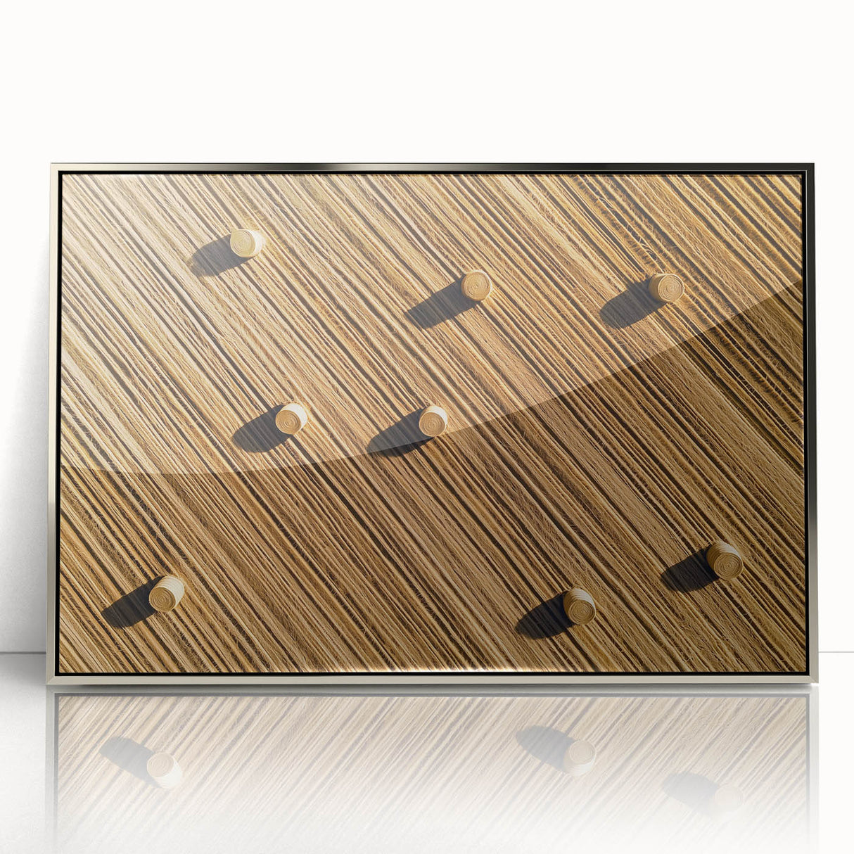Framed acrylic artwork depicting serene green fields and vibrant landscapes, showcasing a modern design with a sleek silver frame, ideal for home decor.