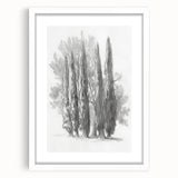 White-framed landscape artwork featuring serene mountains and lush forests, with a crisp mat around the image, perfect for enhancing home decor aesthetics.