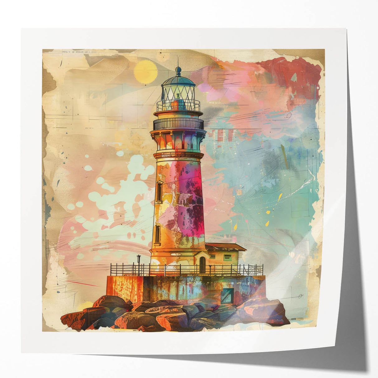 Coastal wall art featuring a vibrant lighthouse design, printed on glossy canvas, showcasing vivid colors and intricate details, perfect for home decor.