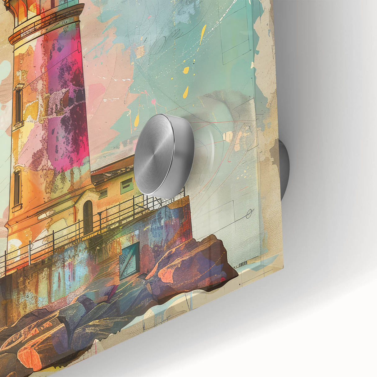 Close-up of vibrant lighthouse wall art design printed on acrylic glass, showcasing intricate details and colors, perfect for coastal decor enthusiasts.